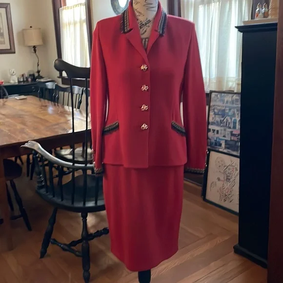 St. John Collection Red Skirt Suit with Black Trim - Picture 1 of 9